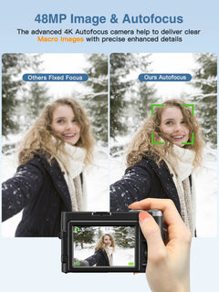 4K Digital Camera for Photography and Video Autofocus Anti-Shake, 48MP Vlogging Camera with SD Card, 3'' 180° Flip Screen