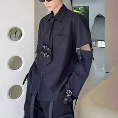 HKSH Men's Punk Darkwear High Street Nihce Design Shirts Sleeve Detachable Necktie Casual Tops Summer Spring Chic Blouse HK0006