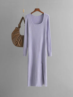 Women Knitted Dress With Side Slit Long Sleeve Solid Elegant Dresses For Ladies Light Blue Big Collar Skinny Long Dresses Autumn