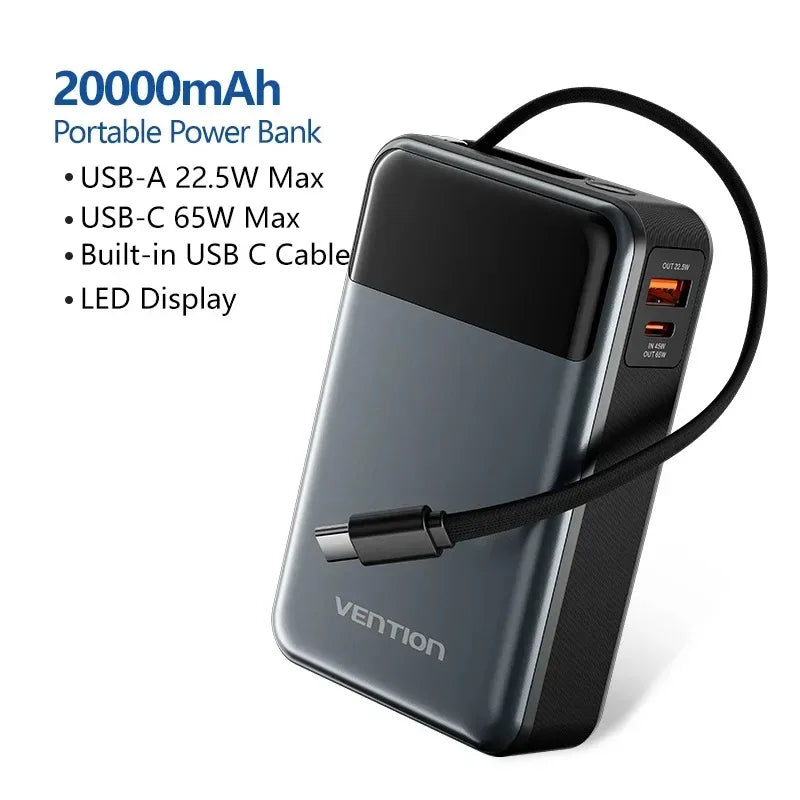 G Creator Vention 20,000mAh 65W PD Power Bank Fast USB-C Laptop &amp; Phone Charger with Built-In Cable