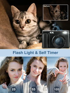 4K Digital Camera for Photography and Video Autofocus Anti-Shake, 48MP Vlogging Camera with SD Card, 3'' 180° Flip Screen