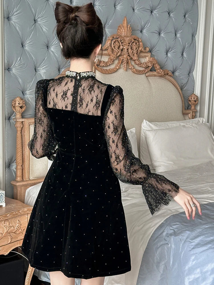 G Style Women's Rhinestone Lace Party Dress Elegant Sheer Panel Mini Evening Dress