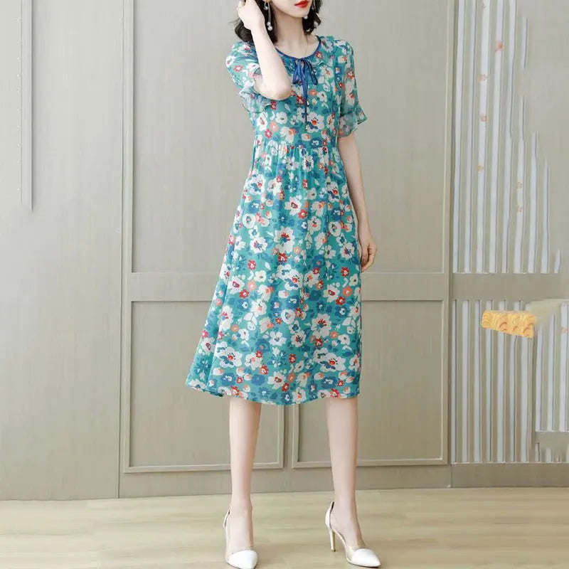 G Style Women's Floral Midi Dress Casual Short Sleeve A-Line Summer Dress with Drawstring Waist