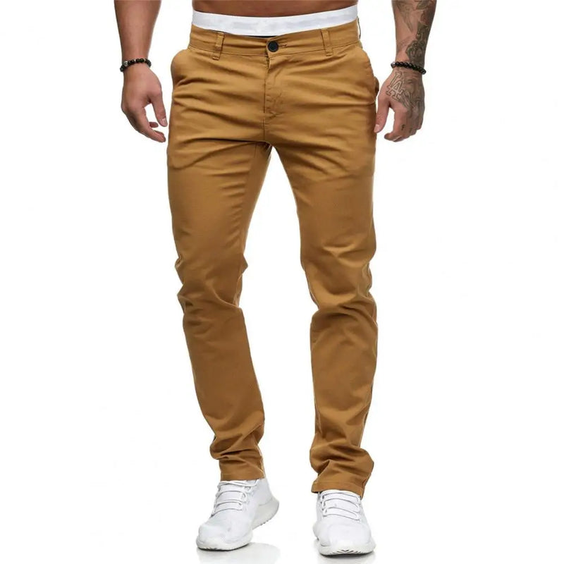 Men Pants Mid Waist Solid Color Thin Zipper Button Closure Pockets Slim Fit Casual Ankle Length Pencil Pants Soft Breathable