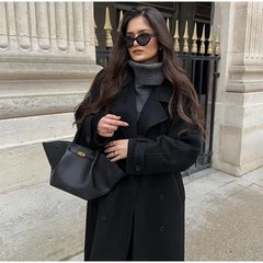 Elegant Fur Lapel Maxi Coats Women Lace Up Full Sleeve Pocket Wool Long Overcoats 2024 Winter New Lady High Street Outwear