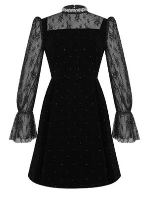 G Style Women's Rhinestone Lace Party Dress Elegant Sheer Panel Mini Evening Dress