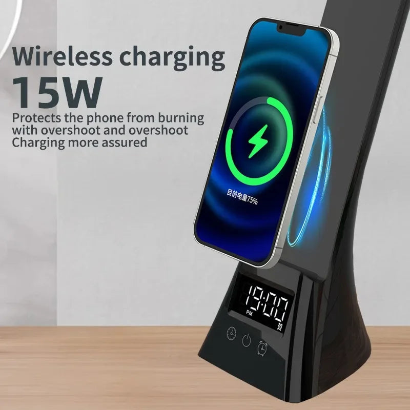 G Workspace LED Desk Lamp with Wireless Charger USB Powered Dimmable Light with Digital Clock &amp; Alarm