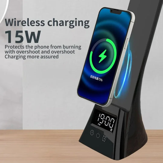 G Workspace LED Desk Lamp with Wireless Charger USB Powered Dimmable Light with Digital Clock &amp; Alarm