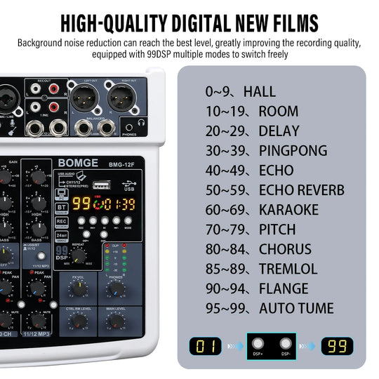G-Mix BOMGE 12-Channel Professional Audio Mixer 48V Phantom Power, 99 DSP Effects &amp; Live Streaming Sound Console