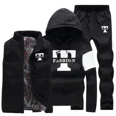 3 Pieces Set Hoodies+Vest+Pants Casual Men's Track Suit Clothing Coats Winter Thick Warm Tracksuit for Men Printed Mens Set Vest