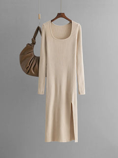 Women Knitted Dress With Side Slit Long Sleeve Solid Elegant Dresses For Ladies Light Blue Big Collar Skinny Long Dresses Autumn