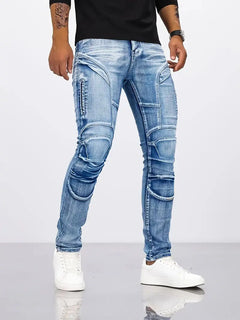 Pencil Jeans Men Ankle Length Denim Pants Washed Ripped Jeans Spliced Patchwork Pockets Slim Fit Moto Biker High Waist Man