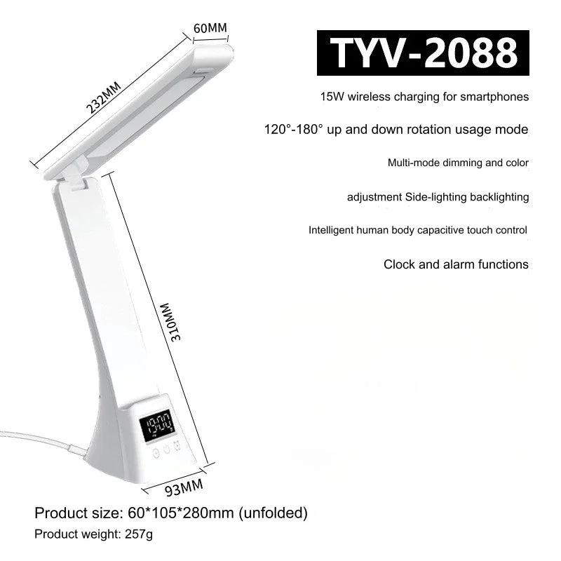 G Workspace LED Desk Lamp with Wireless Charger USB Powered Dimmable Light with Digital Clock &amp; Alarm