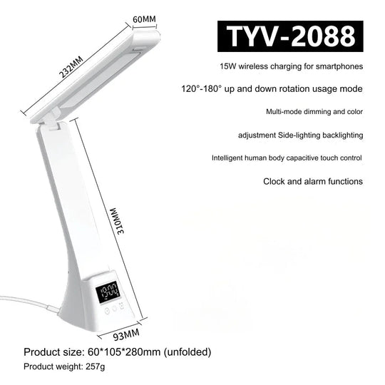 G Workspace LED Desk Lamp with Wireless Charger USB Powered Dimmable Light with Digital Clock &amp; Alarm