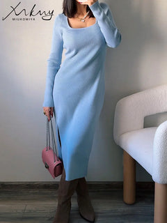 Women Knitted Dress With Side Slit Long Sleeve Solid Elegant Dresses For Ladies Light Blue Big Collar Skinny Long Dresses Autumn