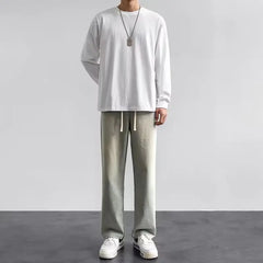 2023 New Korean Men's Casual Long Jeans Classic Man Straight Denim Wide-leg Pants Solid Color Light Blue Grey Black 3XL