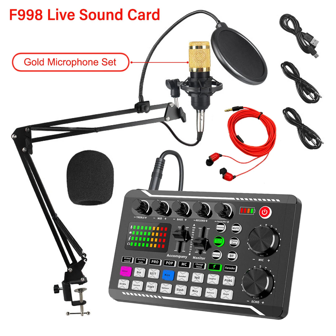 G-Mix F998 Podcast Equipment Bundle Bluetooth Sound Card &amp; Professional Microphone Kit