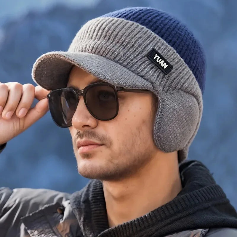 G Style Dual-Tone Knit Baseball Cap Warm Dad Hat with Ear Protection for Outdoor Wear
