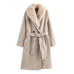 Elegant Fur Lapel Maxi Coats Women Lace Up Full Sleeve Pocket Wool Long Overcoats 2024 Winter New Lady High Street Outwear