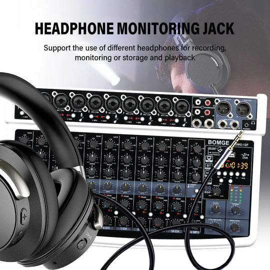 G-Mix BOMGE 12-Channel Professional Audio Mixer 48V Phantom Power, 99 DSP Effects &amp; Live Streaming Sound Console