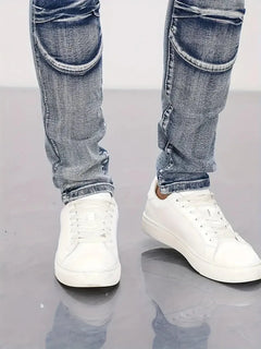Pencil Jeans Men Ankle Length Denim Pants Washed Ripped Jeans Spliced Patchwork Pockets Slim Fit Moto Biker High Waist Man