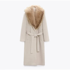 Elegant Fur Lapel Maxi Coats Women Lace Up Full Sleeve Pocket Wool Long Overcoats 2024 Winter New Lady High Street Outwear