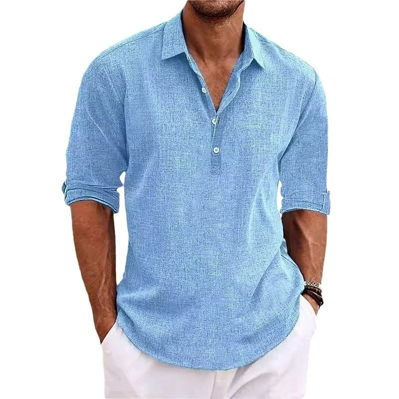 G Style Men's Linen Long Sleeve Shirt Cotton Blend Grandad Collar Button-Up
