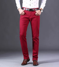 2023 New  Autumn Wine Red Jeans Men Fashion Casual Classic Style Business Straight Fit Soft Trousers Male Advanced Pants