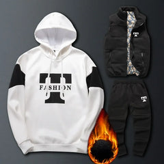 3 Pieces Set Hoodies+Vest+Pants Casual Men's Track Suit Clothing Coats Winter Thick Warm Tracksuit for Men Printed Mens Set Vest