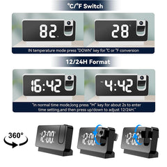 360° Projection Digital Alarm Clock LED Electronic Table Watch Clock Bedside Desk Clock Temperature Date Display Snooze Model