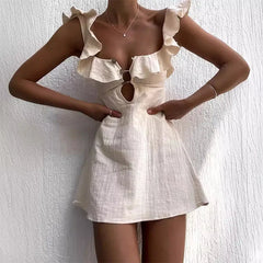 Summer Hollow Out Button Ruffles Short Dress Sexy V Neck Sleeveless Solid Color Dress New Holiday Beach Cotton Linen Mini Dress