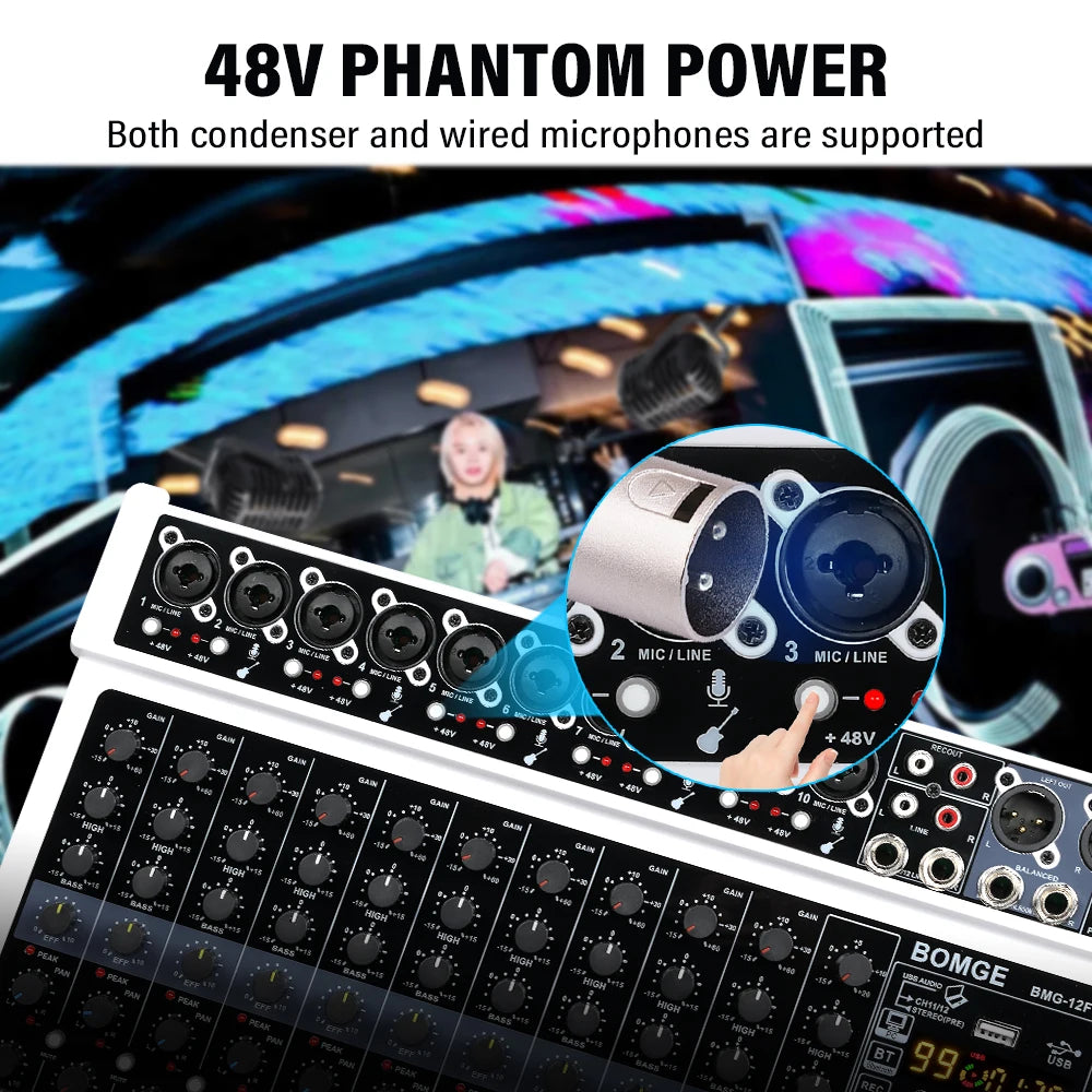 G-Mix BOMGE 12-Channel Professional Audio Mixer 48V Phantom Power, 99 DSP Effects &amp; Live Streaming Sound Console