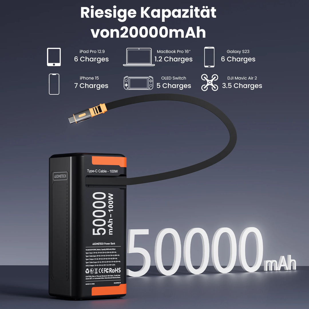 G Creator 50,000mAh 100W PD Power Bank Fast Charging Portable Charger with Retractable USB-C Cable
