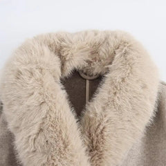 Elegant Fur Lapel Maxi Coats Women Lace Up Full Sleeve Pocket Wool Long Overcoats 2024 Winter New Lady High Street Outwear