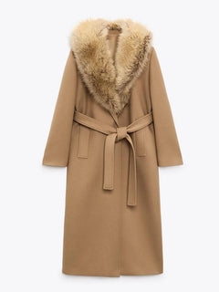 Elegant Fur Lapel Maxi Coats Women Lace Up Full Sleeve Pocket Wool Long Overcoats 2024 Winter New Lady High Street Outwear