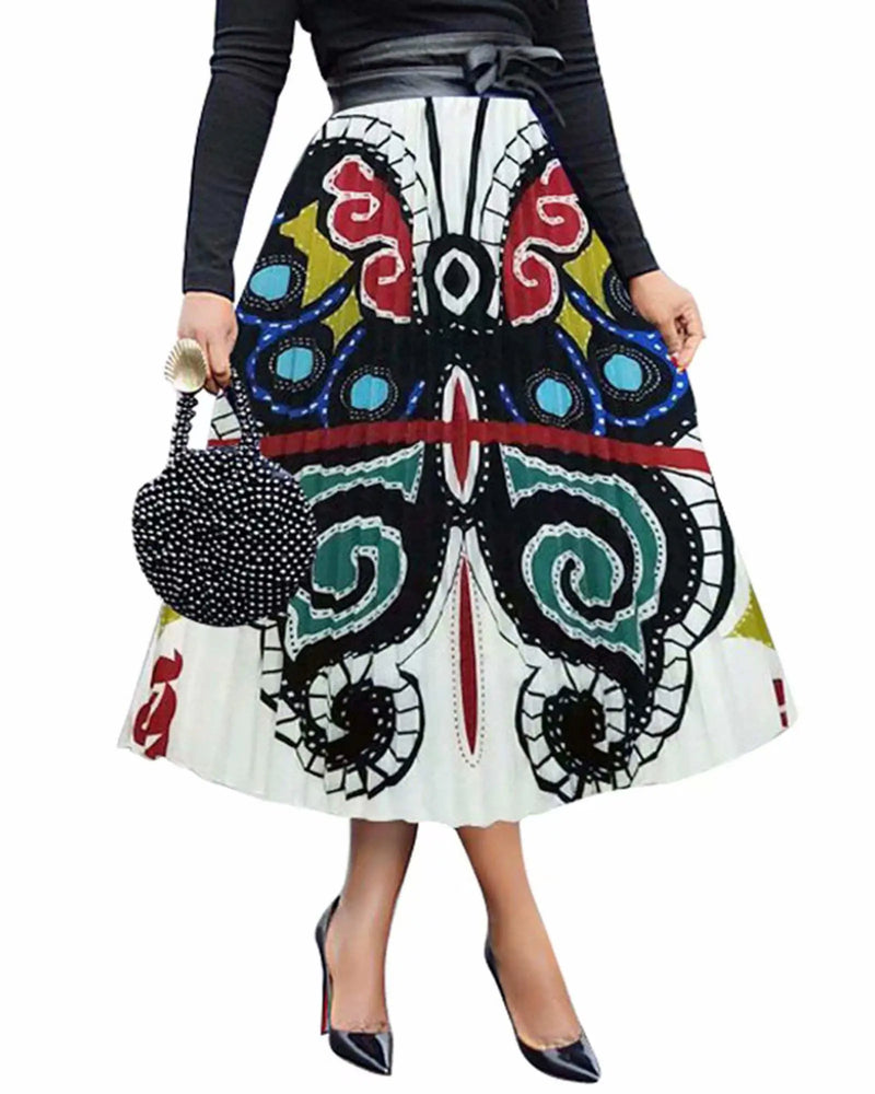 Womens Graffiti Pleated Skirts Color Block Butterfly Printed Elastic Waist A-Line Swing Long Midi Skirt Butterfly M